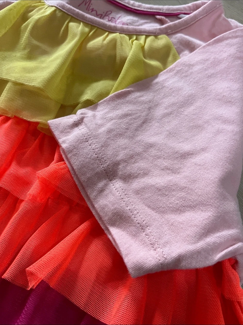 Mini Boden Pink Tee with Rainbow Ruffle Front